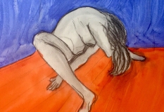 Woman with blue and orange background