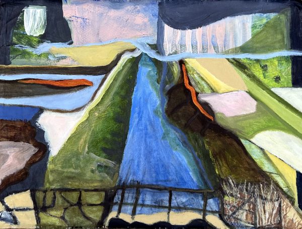 Canal and Fields in Norfolk, mixed media on unstretched canvas, approx. 70 x 110cm