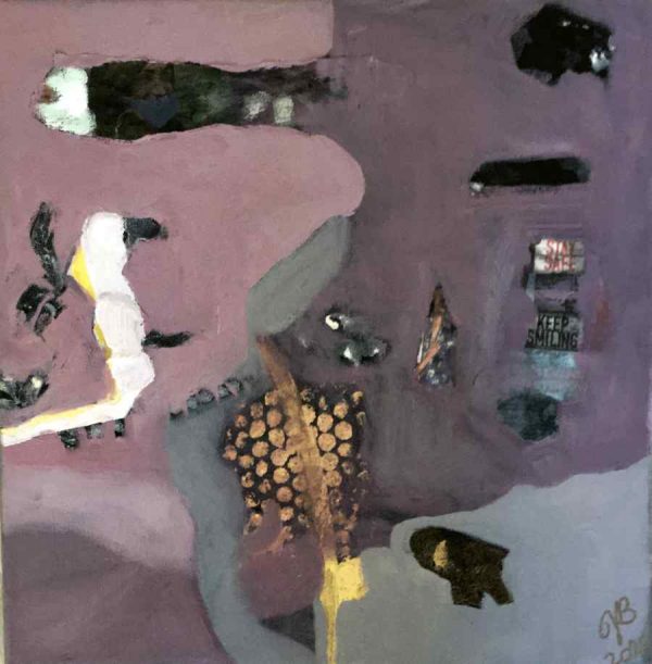 Keep Smiling, mixed media and collage on canvas 40 x 40cm, 2020 Keep Smiling abstract