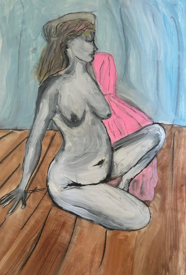 By the Blue Curtain II, mixed media painting on paper 60 x 42cm unframed By the Blue Curtain painting