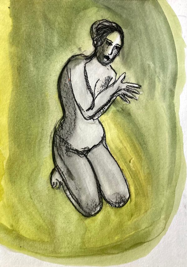 Kneeling, mixed media drawing on paper 42 x 30cm unframed Kneeling figure drawing