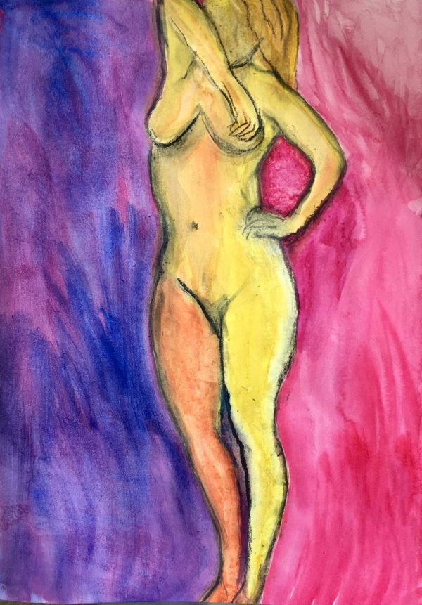Standing Woman with Raised Arm, drawing and watercolour on A3 art paper 42cm x 29.7cm 2020 Standing Woman with Raised Arm watercolour