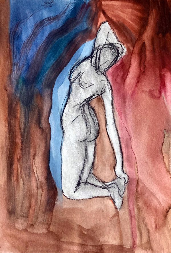 Woman and Welvet Curtain, mixed media drawing on paper 42 x 30cm unframed Woman and Welvet Curtain drawing