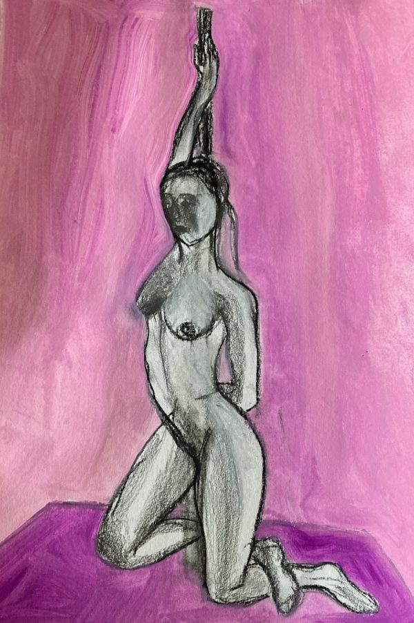 Woman Holding Pole, mixed media drawing on paper 42 x 30cm unframed Woman Holding Pole drawing