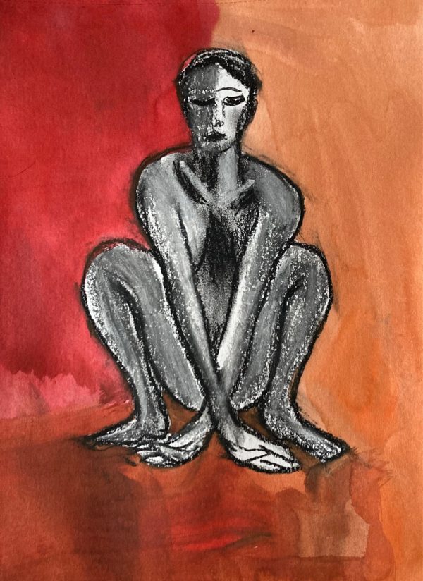 Woman on Her Haunches, mixed media drawing on paper 42 x 30cm unframed Woman on Her Haunches drawing
