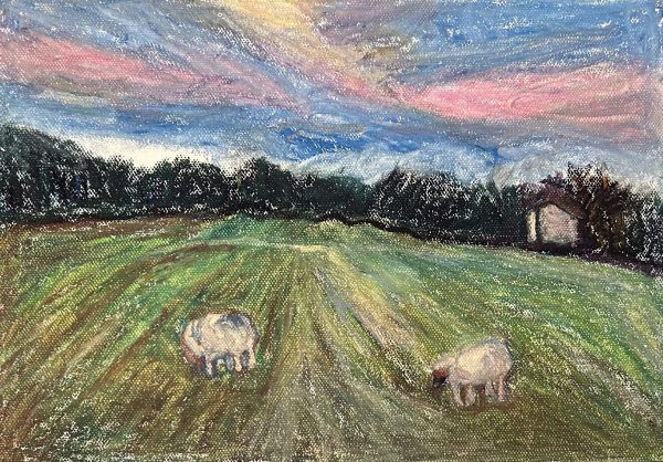 2 Fat Sheep at Oaklands Far,  oilsticks on canvas board 30 x 21cm 2 Fat Sheep at Oaklands Far painting