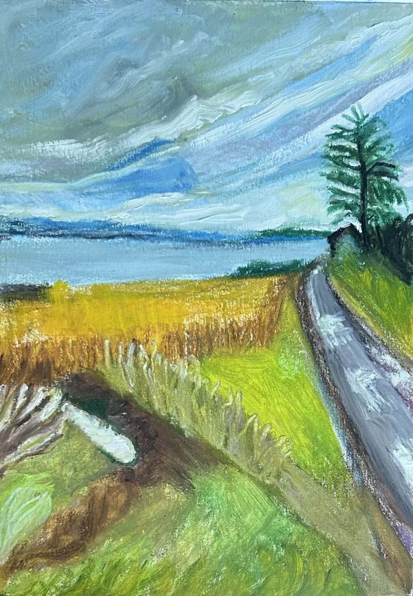 Farm Road in Black Isle, oil on paper A3 size Farm Road in Black Isle oil painting