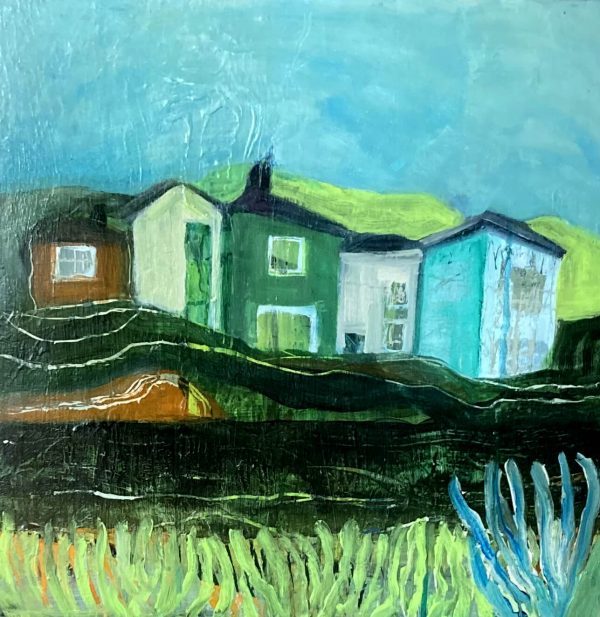 Houses by the Old Watercress Fields St Albans, mixed media on wood panel 50 x 50cm Houses by the Old Watercress Fields St Albans painting