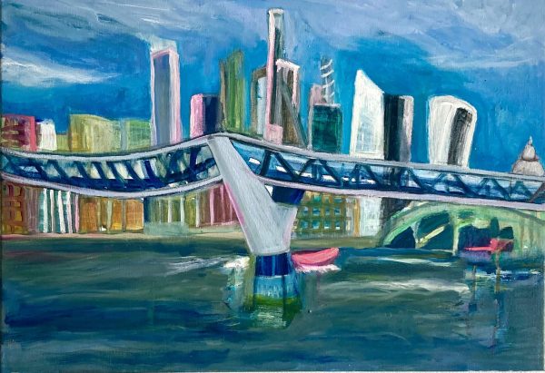 Millennium Bridge London, viewed from Tate Modern, oil on canvas, framed 45.5 x 63cm Millennium Bridge London painting