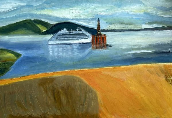 Oil Rig in the Firth at Black Isle II ,oil on board, unframed 42 x 61cm Oil Rig in the Firth at Black Isle II painting