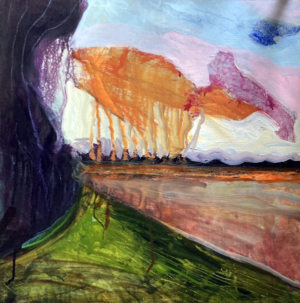 Sunset at the Farm, acrylics and oil on panel 50 x 50cm framed Sunset at the Farm painting