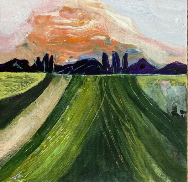 Sunset at the Farm, acrylics on panel 30 x 30cm Sunset at the Farm painting