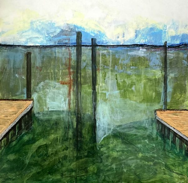 Swansboro Pier, mixed media on MDF framed 60 x 60cm Swansboro Pier painting