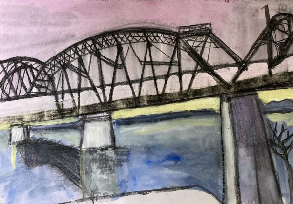 The Bridges of Louisville I, watercolours and gouache on paper framed 52 x 42cm The Bridges of Louisville painting