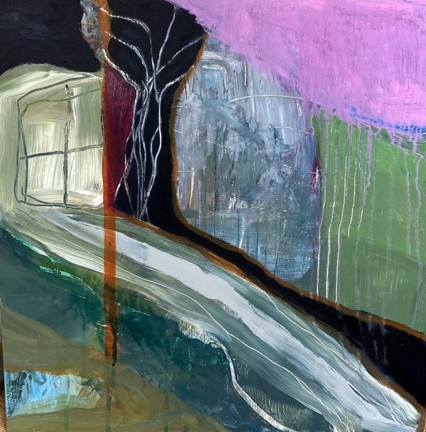 SOLD - Window by the River, mixed media on MDF 50 x 50cm framed Window by the River painting